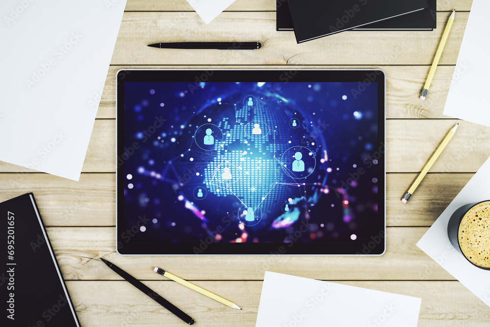 Poster Social network concept with world map on modern digital tablet screen. Top view. 3D Rendering