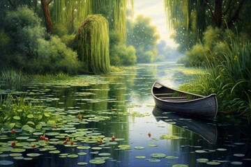 A tranquil riverside scene with a wooden rowboat nestled among water lilies, surrounded by weeping...
