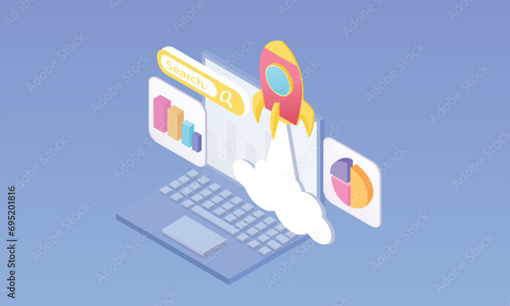 Poster 3d seo optimization with rocket for marketing social media concept. interface for web analytics stra