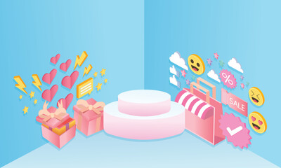 3D Christmas and New Year Sale. Realistic 3d design stage podium, round studio. Gift boxes, shopping bags. Decorative festive elements, present box surprise. Xmas blue background.3d goal for selling.