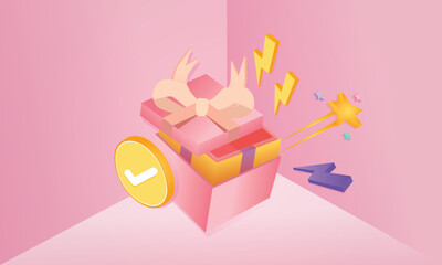 3D Pink gift with icon and 3d check mark icon.3d handmade.3d goal for technology,online social media usage illustration.