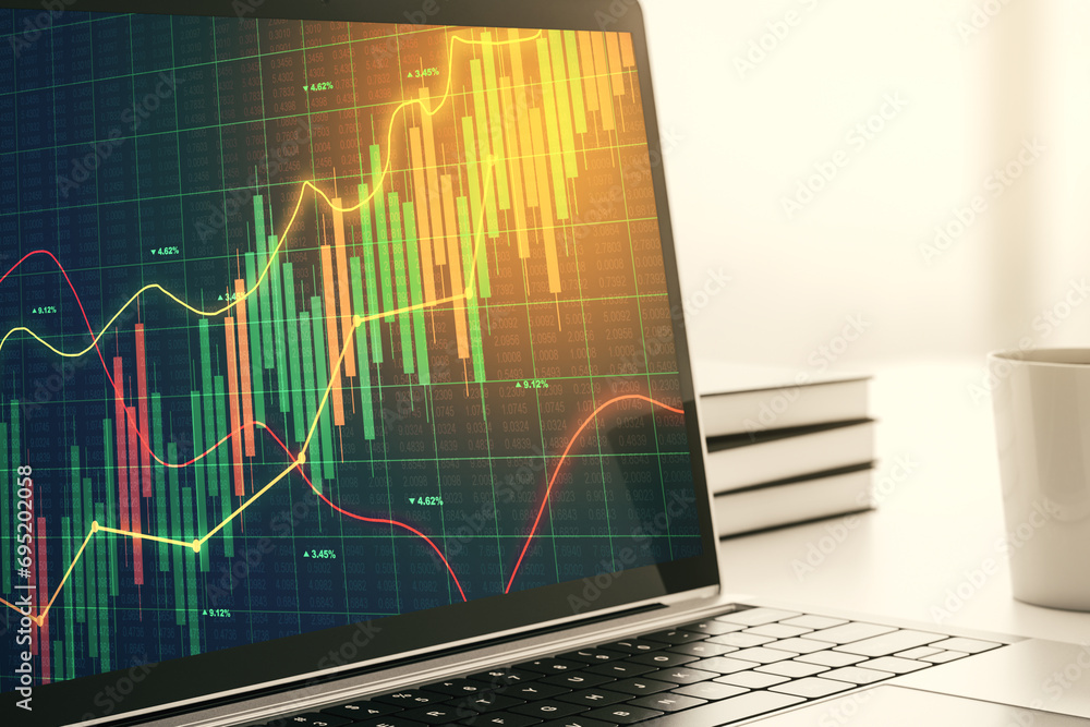 Poster modern computer screen with abstract financial diagram, banking and accounting concept. 3d rendering