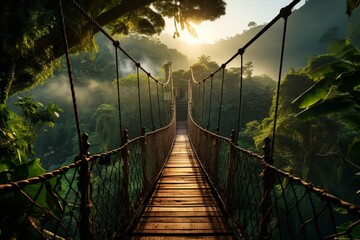 A network of suspension bridges high above a lush, tropical rainforest, with sunlight streaming through the dense canopy - obrazy, fototapety, plakaty