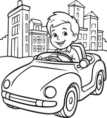 little boy driving car coloring page illustration