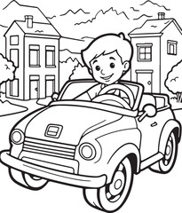 little boy driving car coloring page illustration