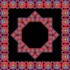 Circles arranged in a row to form a rectangle with a black background, design, square pattern, fabric pattern, pattern for use as background.