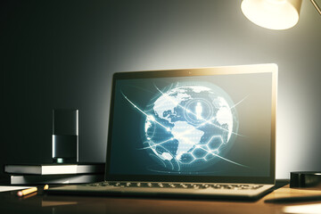 Social network media concept with world map on modern computer monitor. 3D Rendering