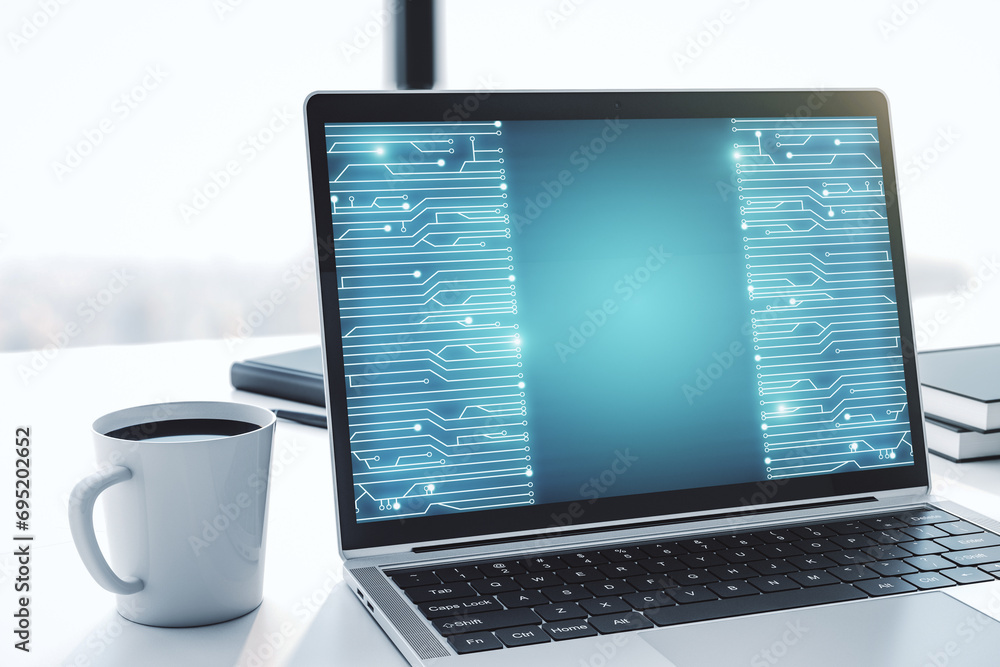 Aufkleber Creative abstract micro chip hologram on modern computer monitor, artificial intelligence and machine learning concept. 3D Rendering