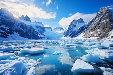 A breathtaking view of a glacier-carved fjord, surrounded by towering cliffs and snow-capped peaks under a clear, blue sky