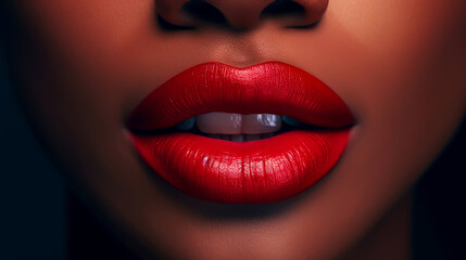 Lips with red lipstick and white teeth of a beautiful, elegant, sexy white woman with perfect skin,...