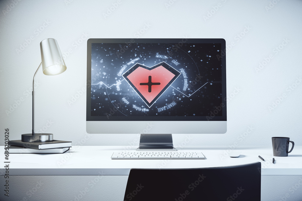 Poster creative abstract heart rate sketch on modern laptop monitor, medicine and healthcare concept. 3d re