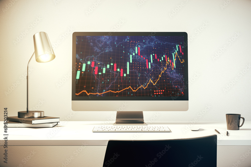 Poster Computer monitor with abstract creative financial graph with world map, financial and trading concept. 3D Rendering