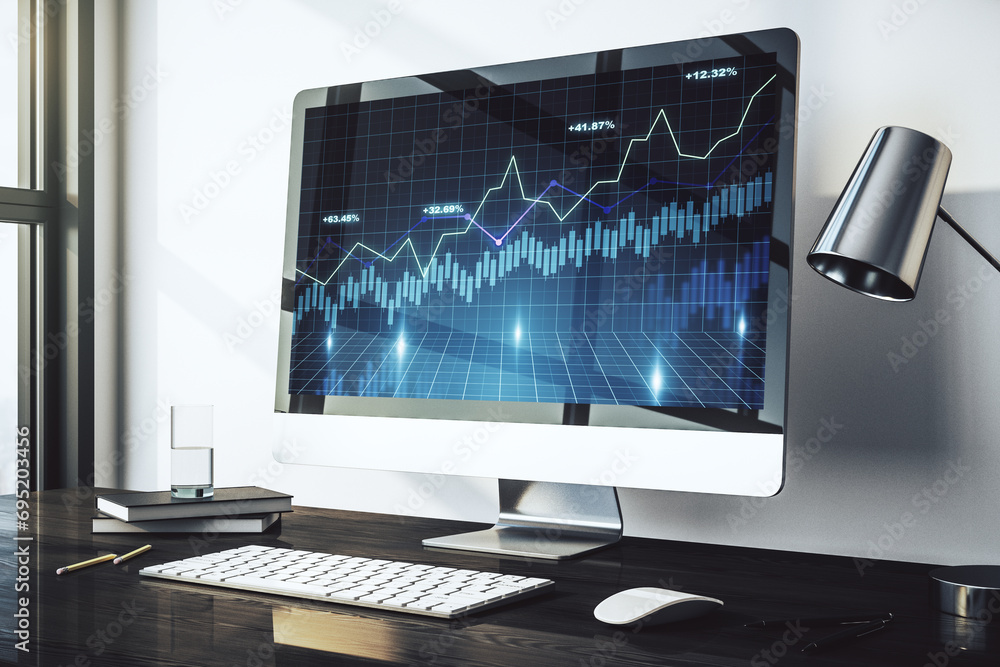 Poster modern computer screen with abstract financial diagram, banking and accounting concept. 3d rendering