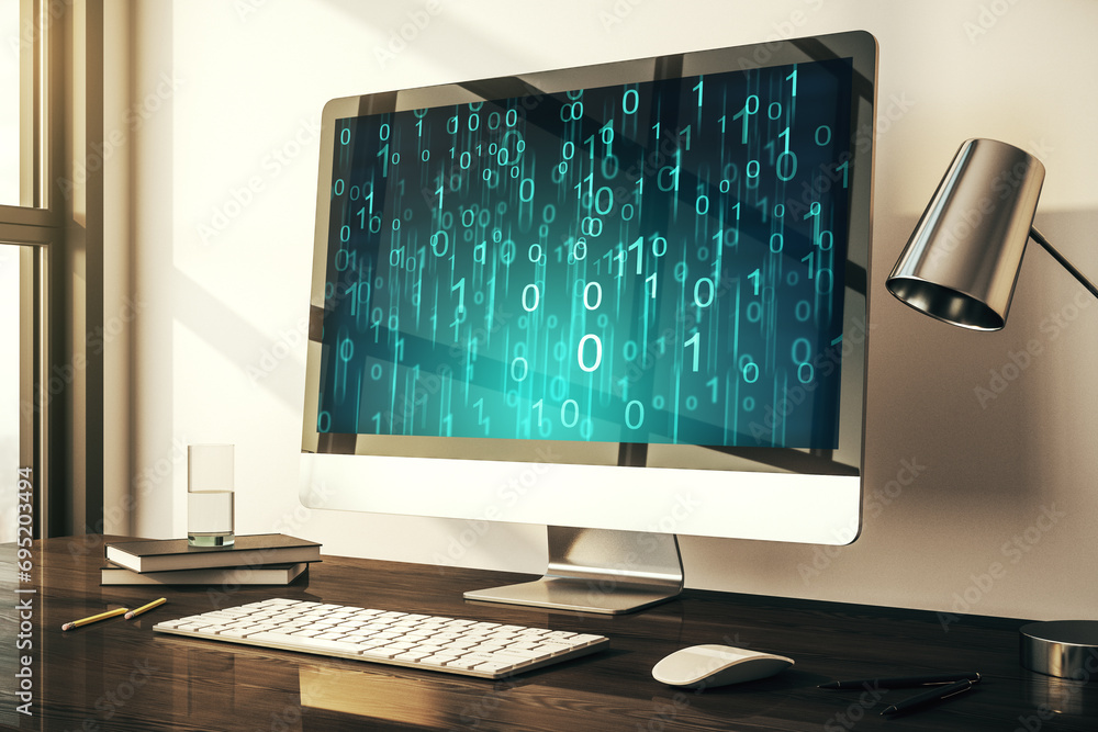 Aufkleber Creative abstract binary code hologram on modern computer monitor, AI and machine learning concept. 3D Rendering