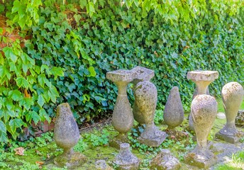 Broken concrete support columns in front of wall covered with ivy.