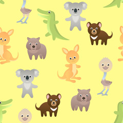 Funny australian animals seamless pattern. Cartoon crocodile, koala bear, tasmanian devil, wombat, ostrich emu and kangaroo on yellow background.  Vector illustration of cute cartoon characters.
