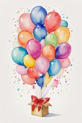 gift box with balloons, watercolor splash art 