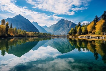 A crystal-clear mountain lake reflecting a pristine, cloud-streaked sky on a crisp fall morning