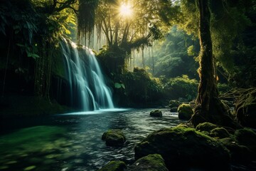 Enchanting waterfall cascading through lush emerald canopies, catching the first rays of dawn's soft glow