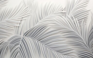 Tropical leaves 3d light gray color on white background, coconut palm branches, abstract background of modern composition for a design cover or wallpaper, print on fabric, illustration Generative AI
