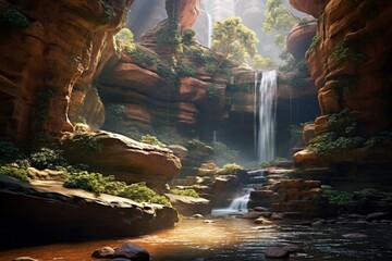 A cascading waterfall in a hidden canyon, with sunlight streaming through a natural skylight above
