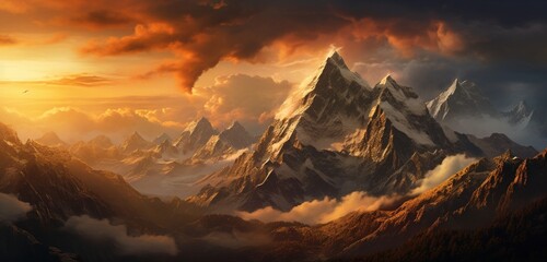 Majestic mountain peaks kissed by the sunrise, casting a golden glow over rugged terrain. - Powered by Adobe