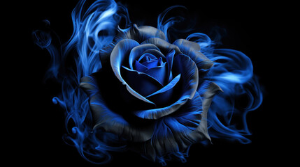 Neon blue rose wrapped in blue smoke swirl on dark background