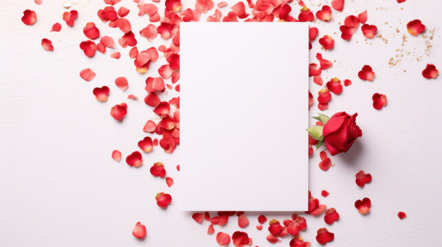 White card mockup with red roses and petals on light table. Top view