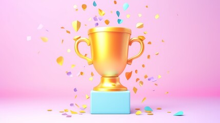 Capture the spirit of victory and festivity with a gold championship trophy cup set amidst a lively display of colorful flying confetti. - obrazy, fototapety, plakaty