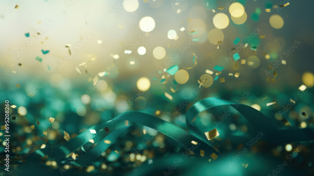 Poster abstract background with confetti on green ribbons on bokeh backdrop
