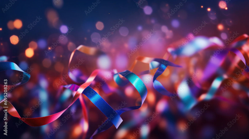 Poster abstract background with confetti on colorful ribbons on bokeh background