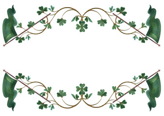 Frame of shamrock clover sprigs with vintage Irish green flag. Decoration for St. Patrick's Day. Isolated watercolor illustration on white background. Clipart.
