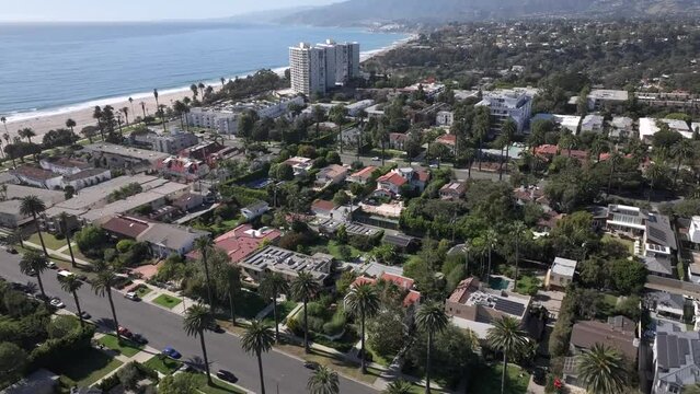 Aerial Flying Over Santa Monica Neighborhood On Sunny Day Beside Pacific Ocean. Push Forward Shot
