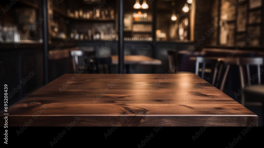 Poster empty wooden table and coffee shop blur background with bokeh image.