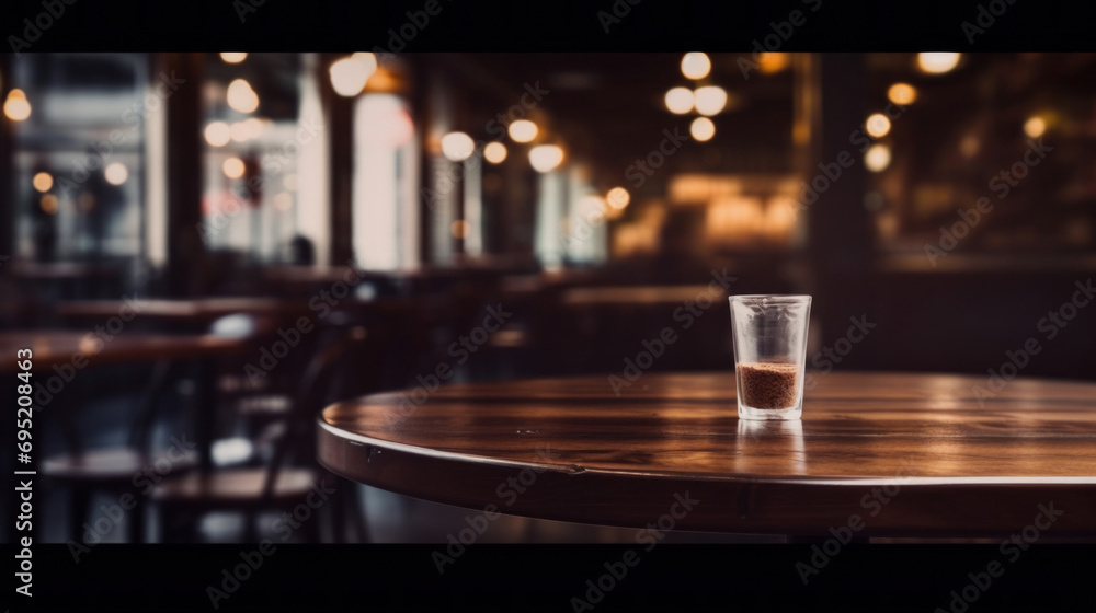 Poster empty wooden table and coffee shop blur background with bokeh image.