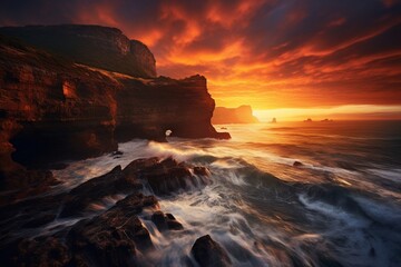 A sweeping view of a coastal bluff, with waves crashing against rugged cliffs beneath a fiery sky