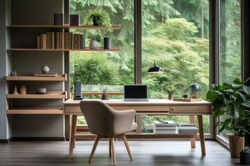 A home office with a modern desk, ergonomic chair, bookshelves filled with books, and a large window