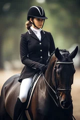 Foto auf Acrylglas Dressage horse portrait before the competition. Photo on dark background. © Stavros