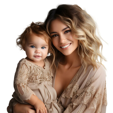 Happy young woman with hugging cute baby, smiling as mother holding baby with love and care in studio isolated on transparent background Generative AI	