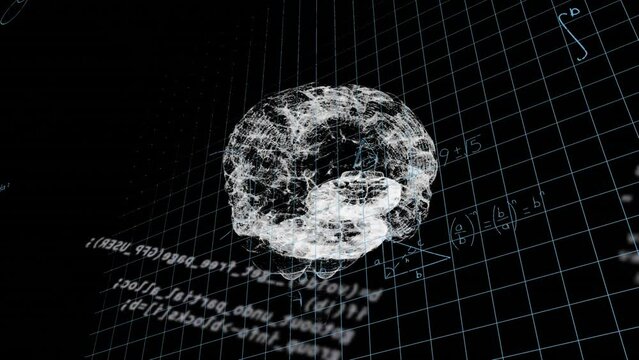 Animation of brain network with blue mathematical formulae, geometry and algebra on black background