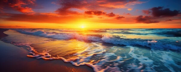Naklejka na ściany i meble Enjoy the mesmerizing beauty of a sunset over the ocean, adorned with vibrant colors on the horizon.