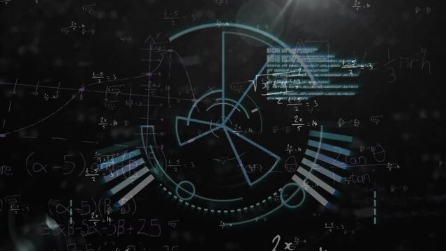 Animation of circular scanner, mathematical equations and data on black background