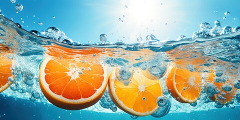 Bubbles cling to vibrant orange fruit submerged in a cool blue pool. - obrazy, fototapety, plakaty