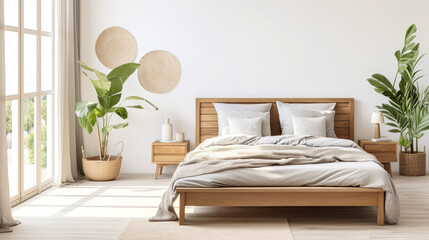 Cozy bedroom interior in Scandinavian style, large bed, beige bed linen, home decor. Sample.