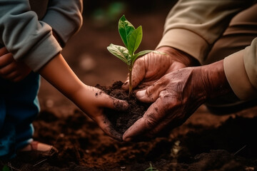Hands of child and grandfather with plants in nature for sustainability, ecological growth