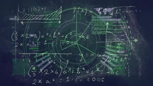 Animation of circular scanner, mathematical equations and data on dark background