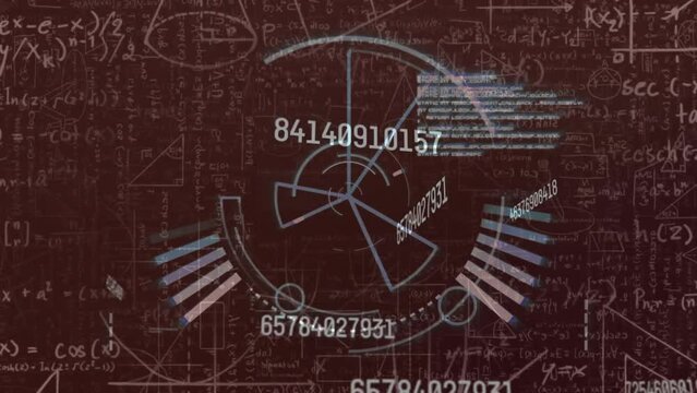 Animation of circular scanner, mathematical equations and data on brown background