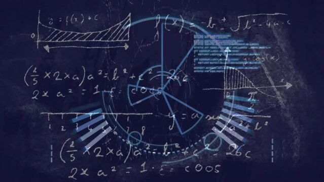 Animation of blue circular scanner and data with mathematical equations on dark blue