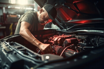 A mechanic in a workshop diagnoses and repairs the engine and car systems. Car repair and diagnostics in the garage. Modern car service. Brutal worker mechanic. - obrazy, fototapety, plakaty