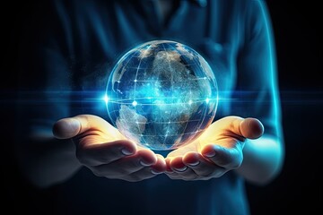 Global connectivity. Concept of global business and connectivity. Businessman is holding digital representation of earth in hand symbolizing of people businesses and information across world